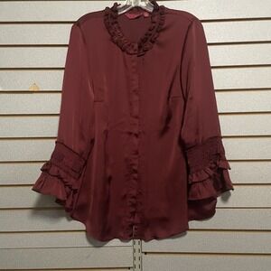 G.I.L.I.  L Maroon Top Shirt Blouse‎ Business Casual Ruffled Long Sleeves Satin